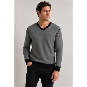 Egara Slim Fit V-Neck Sweater Mens Large Gray Black Cotton Cashmere Blend Knit